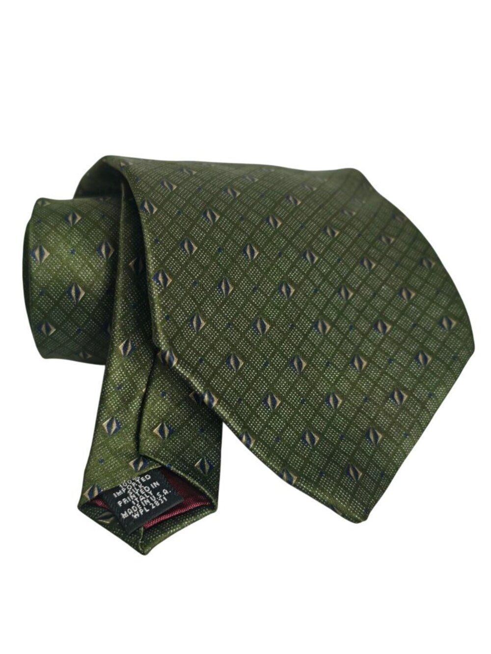Louis Feraud Mens 100% Silk Tie Green Diamond Pattern Made In Italy